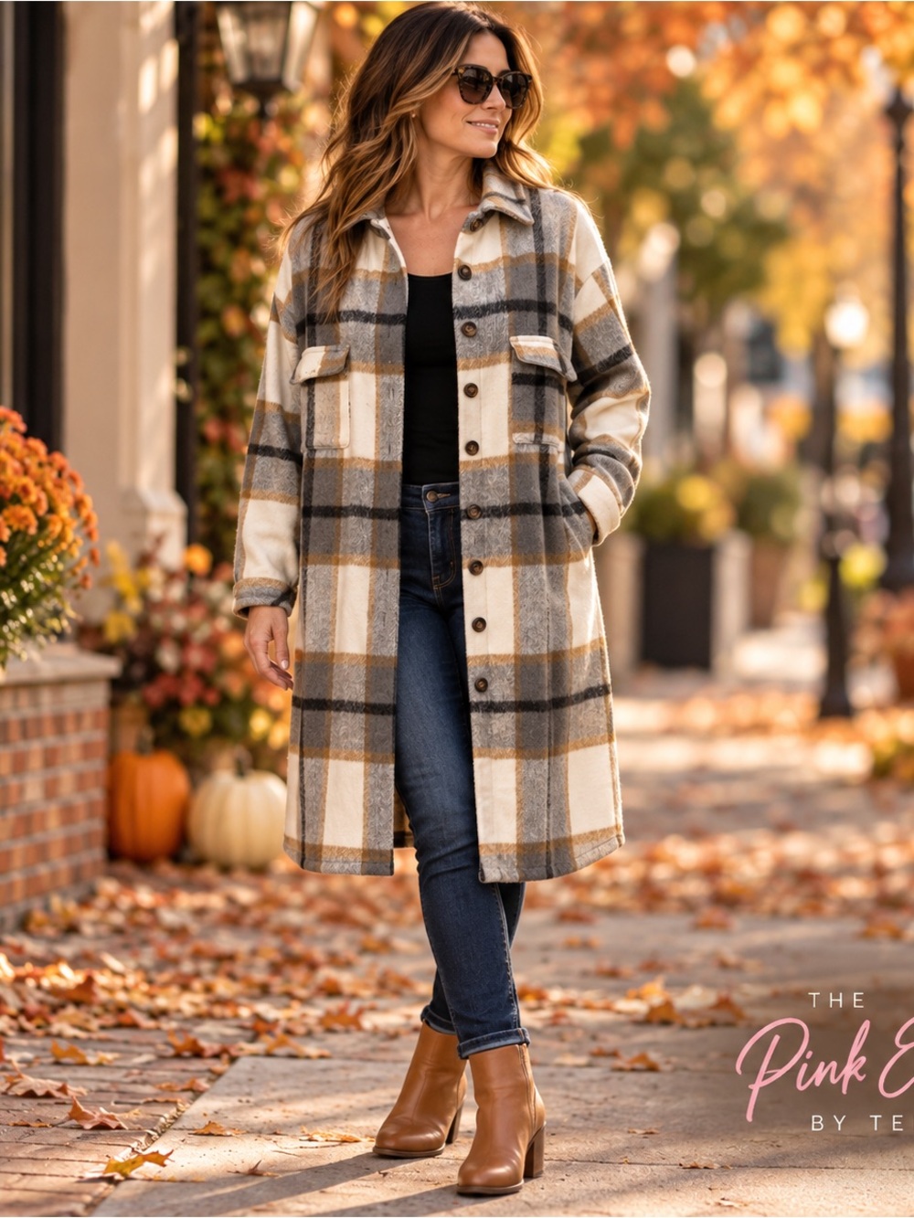 Long Plaid Shacket Coat Cream Gray Camel Size XL